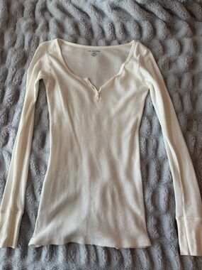 Brandy Melville Cream Ribbed Scoop-Neck Long Sleeve Top